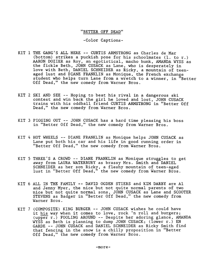 Better Off Dead press kit notes collectible (photo 1)