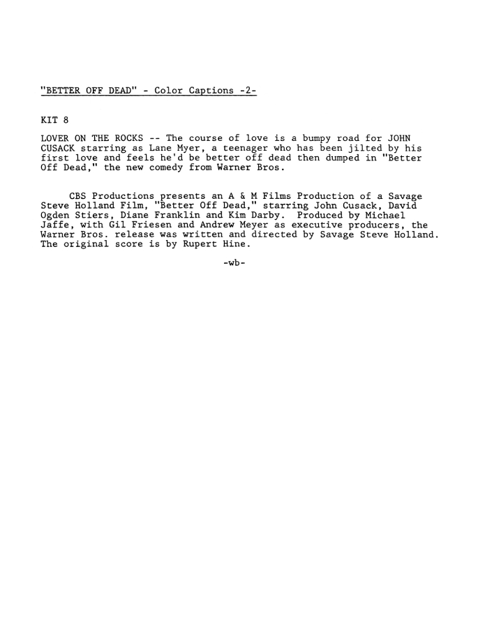 Better Off Dead press kit notes collectible (photo 2)
